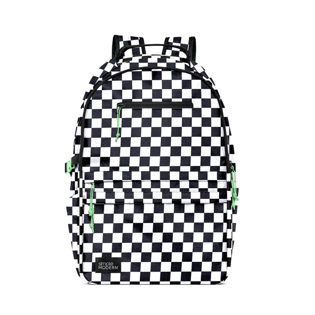 Black and white checkerboard backpack with neon green compression straps and zipper pulls
