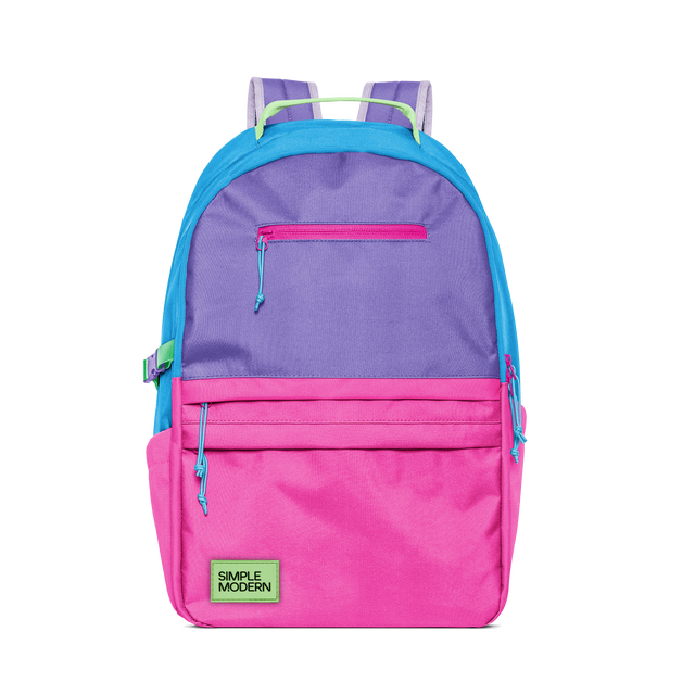 Colorblock backpack with hot pink lower body, electric blue frame, and purple accents in vibrant design.
