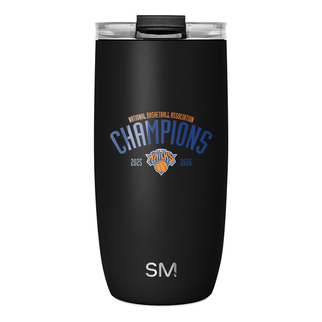 Matte black Simple Modern insulated tumbler with clear lid and flip-top closure. Features NBA Champions New York Knicks branding in periwinkle blue and orange, with 2025 text on sides and SM logo at bottom center.