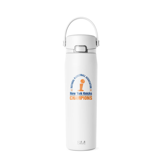White insulated water bottle with carrying handle featuring New York Knicks Champions logo in blue and orange, NBA basketball trophy graphic, and gray SM logo on neutral background.
