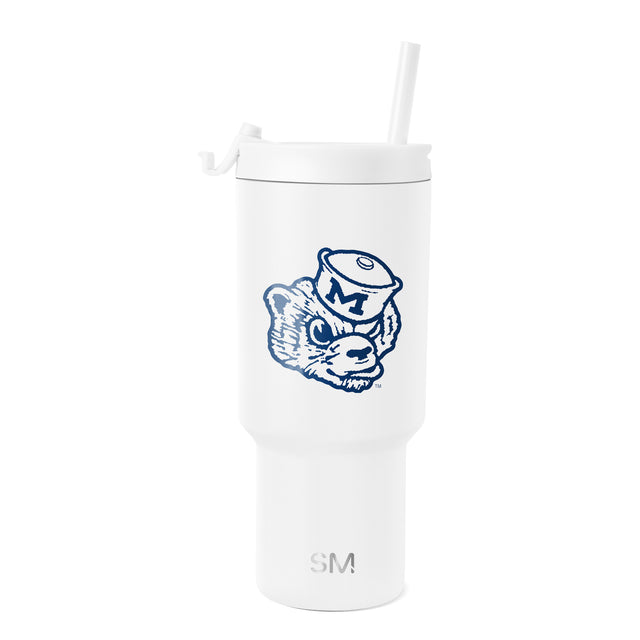 White tumbler with navy blue graphic illustration and branding details