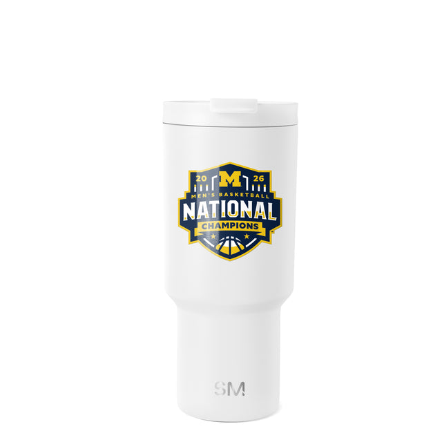 White Simple Modern travel tumbler with University of Michigan Men's Basketball 2025 National Champions badge in gold and navy blue, featuring the M logo and basketball icon on a neutral background.