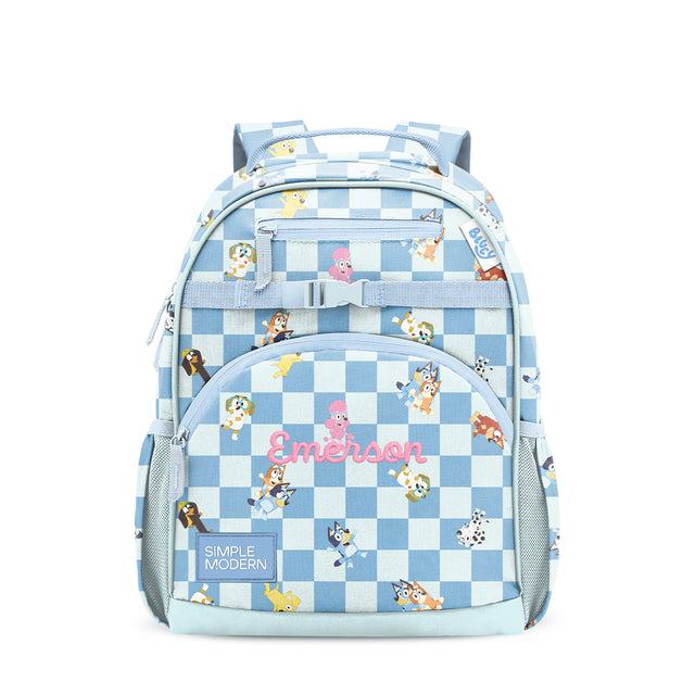 Light blue and white gingham children's backpack with 