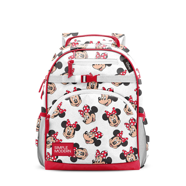 Red and white Minnie Mouse children's backpack with multiple zippered pockets, padded shoulder straps, side mesh pockets, and Simple Modern branding, shown against white background.