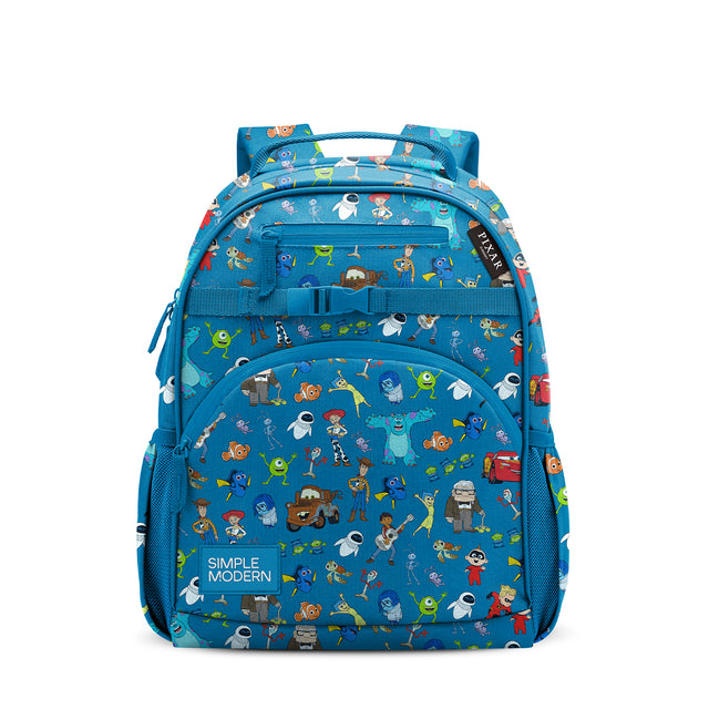Bright blue children's backpack with colorful character prints, padded straps, multiple zippered pockets, mesh side panels, and Simple Modern logo on white background.