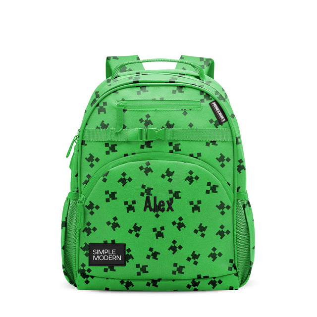 Lime green children's backpack with black pixelated gaming design, padded shoulder straps, front zippered pocket personalized with 