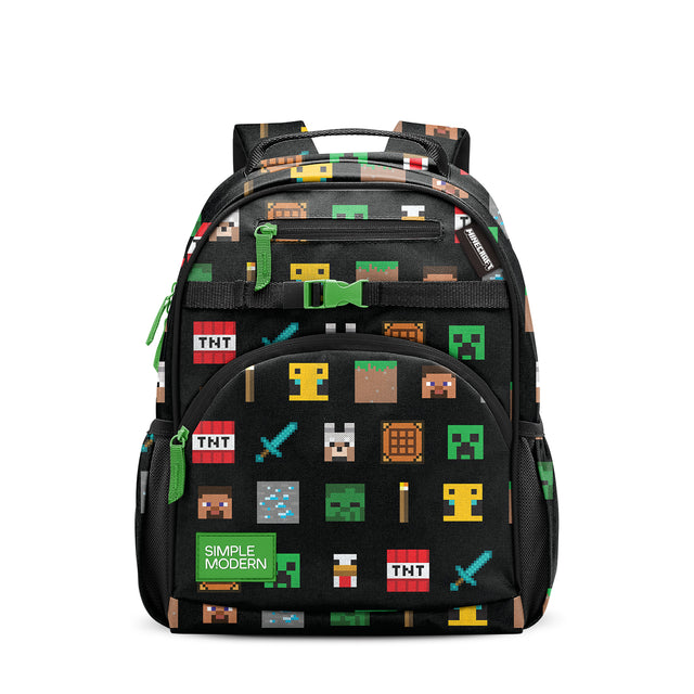 Black children's backpack with pixel-art Minecraft design in bright lime green, yellow, orange, and cyan. Features padded straps, front zippered pockets, green side pockets, and green bow-tie buckle. Simple Modern branding