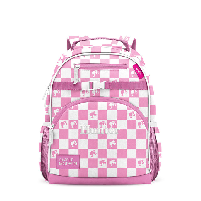 Pink and white checkered backpack with cat silhouettes, padded shoulder straps, front zippered compartments, and mesh side pockets. Simple Modern brand school or travel bag on white background.