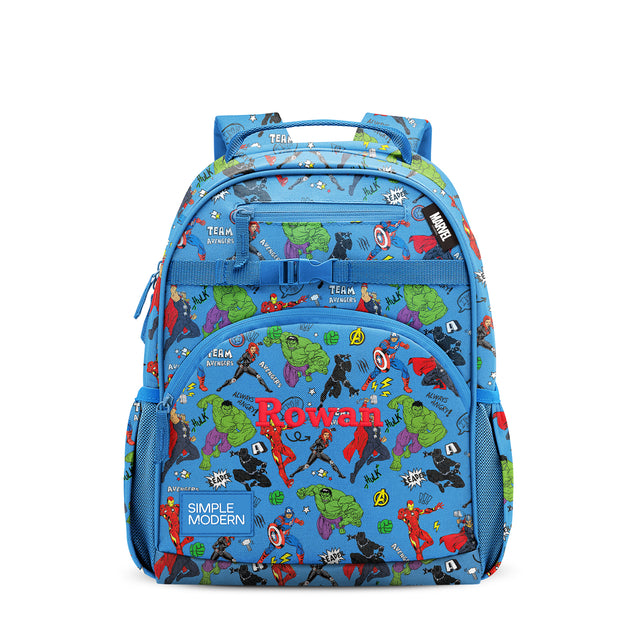 Blue Marvel Avengers backpack with padded straps, multiple compartments, and all-over print featuring Hulk, Iron Man, and Captain America. Labeled 