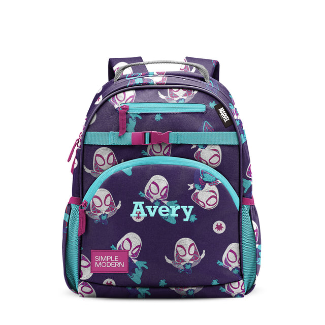 Purple children's backpack with turquoise and magenta accents, featuring 
