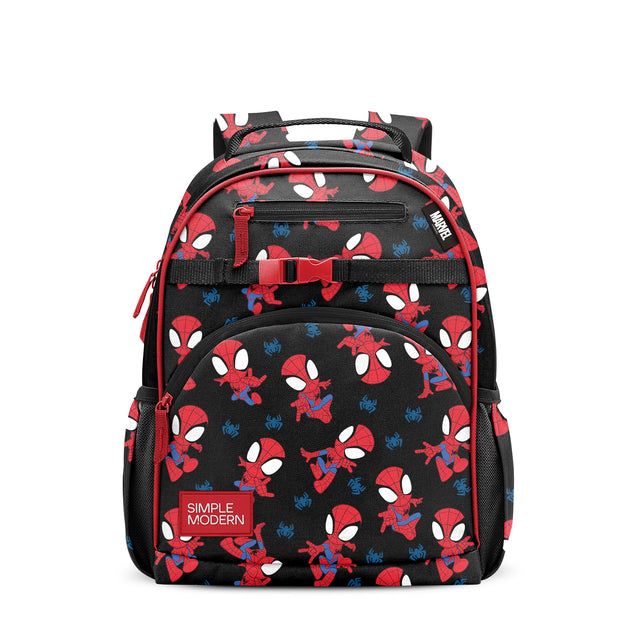 Black Spider-Man children's backpack with red and blue character print, mesh side pockets, front zippered compartment with red pull, padded shoulder straps, and Simple Modern label on white background.