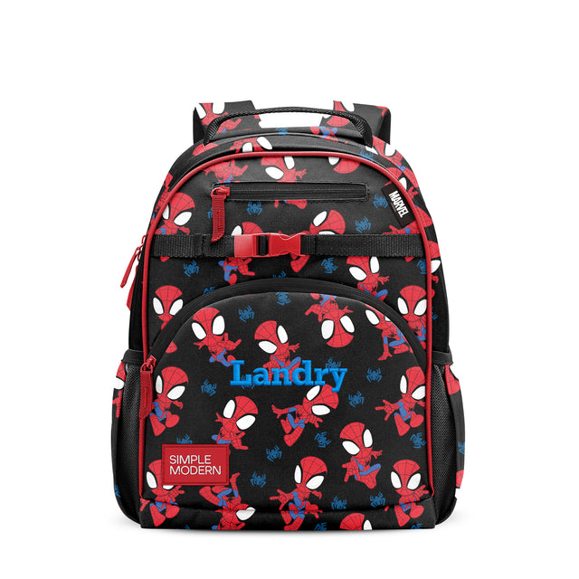 Black children's backpack with red and blue superhero character print, front zippered pocket, 