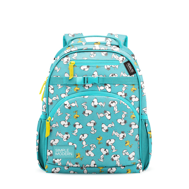 Turquoise children's backpack with Snoopy and Woodstock cartoon pattern, yellow accents, padded straps, front pockets, and mesh side pocket on white background.