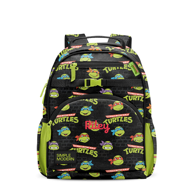 Black TMNT backpack with all-over turtle character print, lime green mesh panels, 