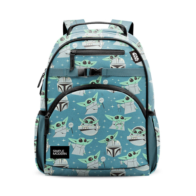 Teal children's backpack with Star Wars character design, featuring curved front pocket with mesh trim, zippered compartment, padded handles, and Simple Modern brand label on white background.