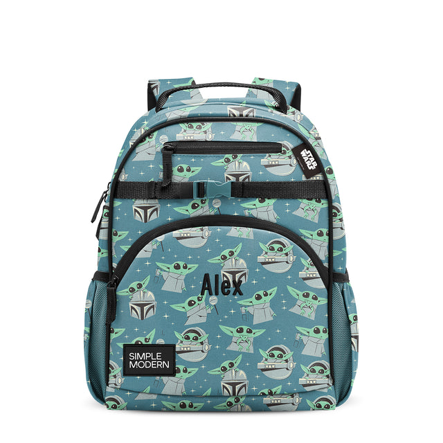 Teal and mint green Star Wars children's backpack with Baby Yoda characters, padded straps, multiple zippered compartments, side mesh pockets, and personalized 