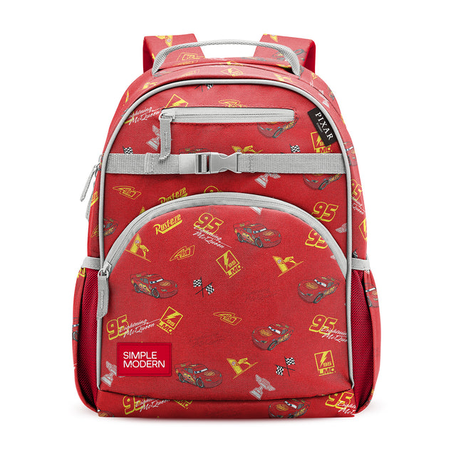 Red children's backpack with gray trim and chest strap, featuring Lightning McQueen print design. Adjustable padded straps, front zippered pockets, and mesh side panels. Studio product photo on white background.