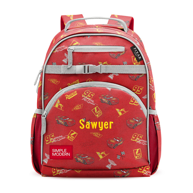 Red children's backpack with yellow and gray accents, personalized 