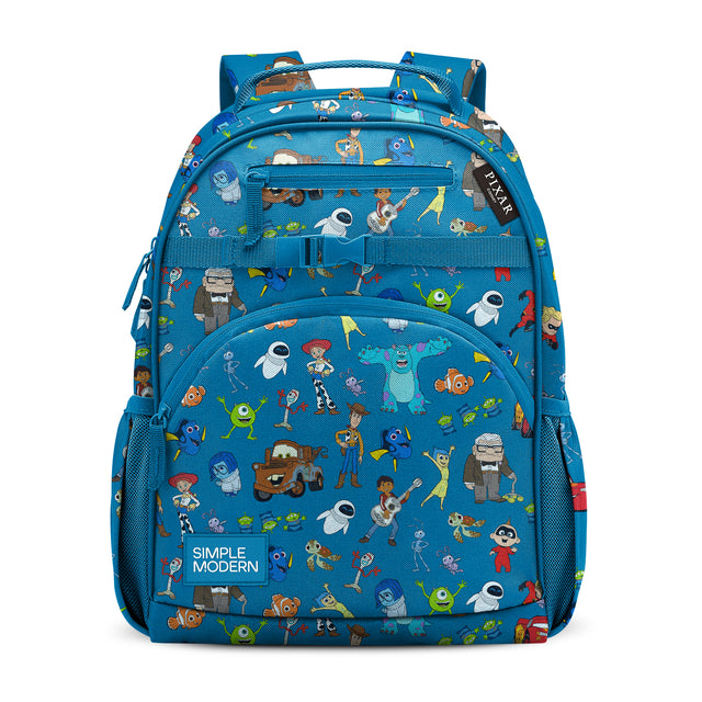 Blue children's backpack by Simple Modern featuring colorful Pixar characters including toys, robots, and aliens, with multiple pockets, padded straps, and buckle closure.