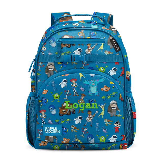 Teal blue Pixar character children's backpack with Toy Story, Finding Nemo, and Monsters Inc. designs, personalized with 
