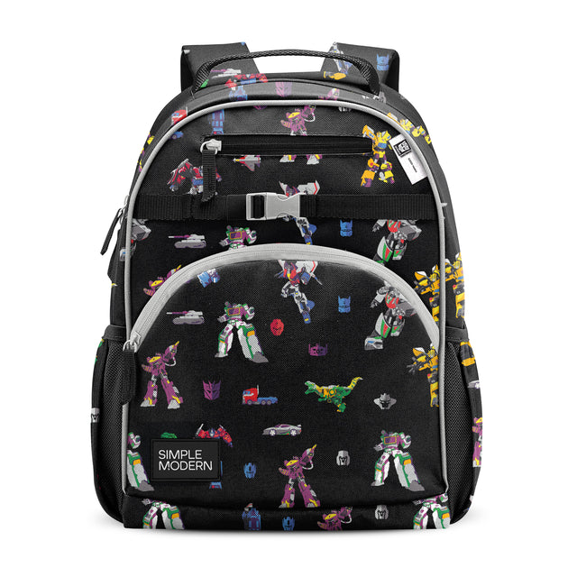 Black school backpack with colorful Transformers-themed print, gray trim, padded straps, front zippered pockets, chest buckle, and Simple Modern branding. Studio product photo on white background.