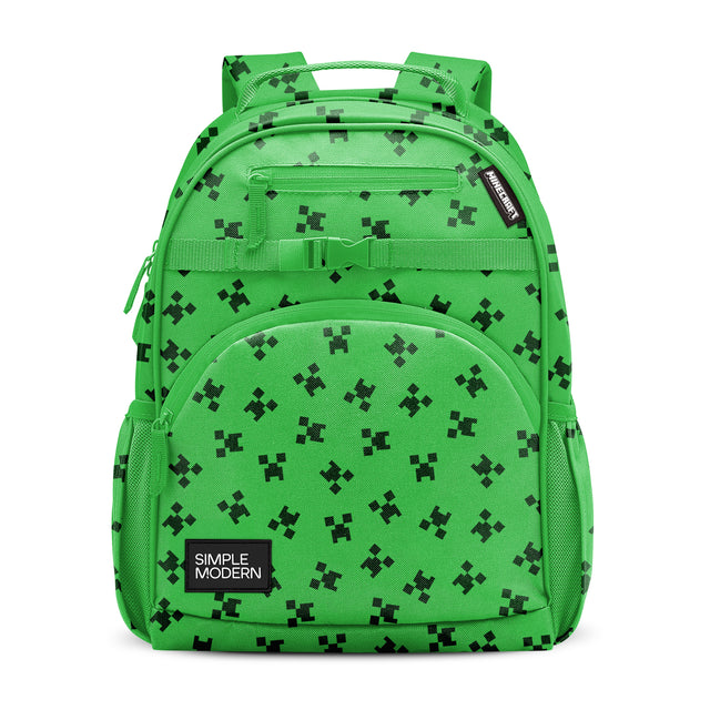 Lime green gaming backpack with black pixelated patterns, featuring multiple front pockets, padded straps, and side mesh pockets. Simple Modern and Minecraft branding visible on front.