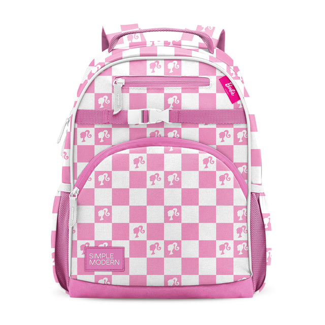 Pink and white checkerboard children's backpack with Barbie silhouettes, dual handles, shoulder straps, front zippered pocket, side mesh water bottle pockets, and Simple Modern branding label.