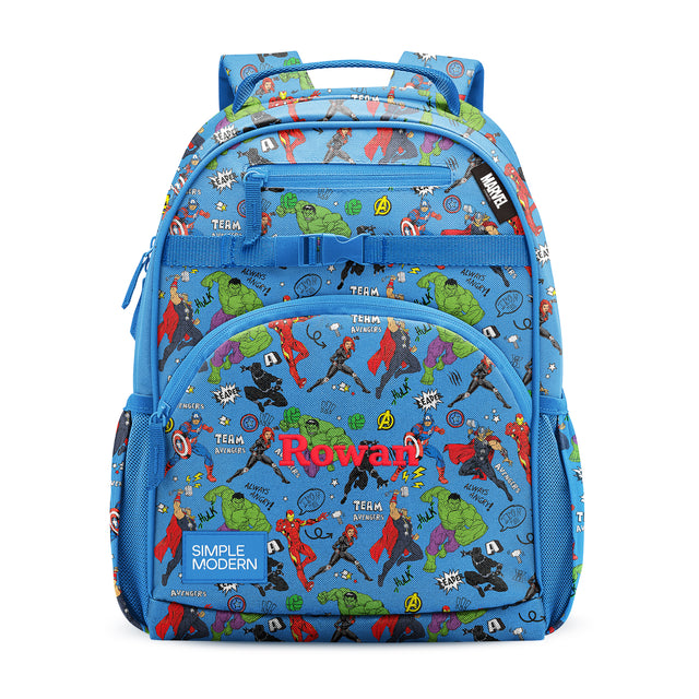 Blue Avengers backpack with Hulk, Iron Man, and other Marvel characters, personalized with 