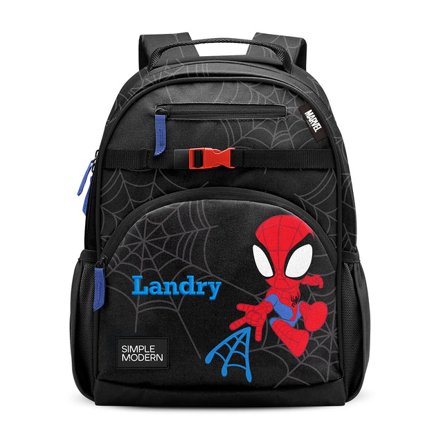 Black and blue Spider-Man children's backpack with red accents, padded straps, front pockets, mesh side compartments, and red buckle closure featuring web pattern design and 