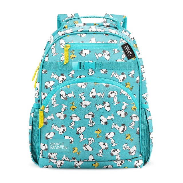 Turquoise Simple Modern children's backpack with Snoopy and Woodstock character print, yellow accents, mesh side pocket, front zipper pocket, and padded shoulder straps on white background.