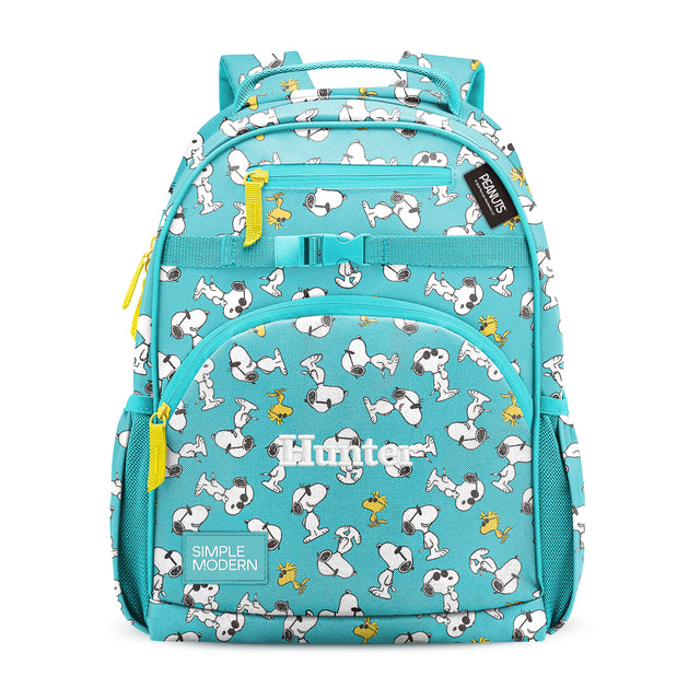 Turquoise Peanuts children's backpack with Snoopy and Woodstock characters, yellow zipper pulls, padded straps, front pocket, and mesh side pockets on white background.