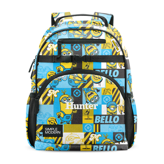 Yellow and light blue Minions backpack with patchwork design featuring character faces, striped patterns, black straps, mesh pockets, and front elastic pocket. Simple Modern brand label visible.
