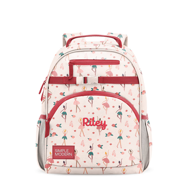 Cream and coral children's backpack with ballet and floral design, front zippered pockets, padded shoulder straps, carry handle, and side mesh pockets, personalized with 