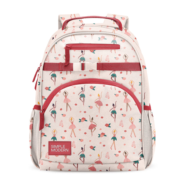 Cream and red children's school backpack with multicolored floral pattern, dual red handles, front zippered pocket, utility strap, side mesh panels, and padded back. Simple Modern brand label visible.