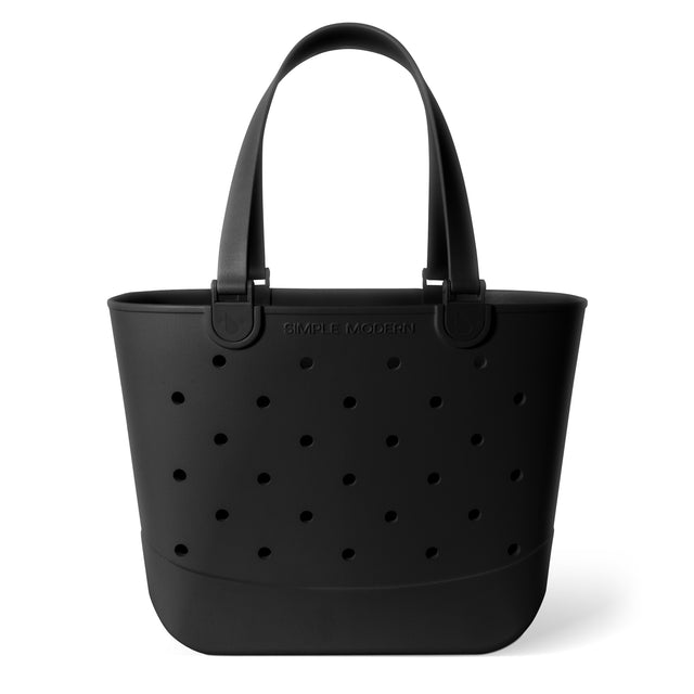 Black perforated tote bag with shoulder handles, 