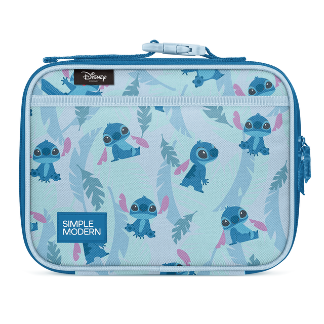 Light blue insulated lunch bag with deep teal and navy trim, handles, and zipper, featuring pink and magenta accent details.