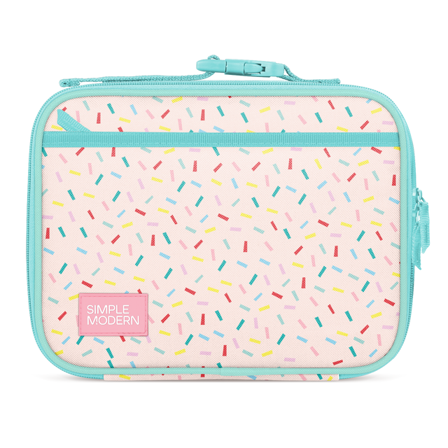 Soft turquoise framed product with pale cream base panel and colorful confetti pattern accents