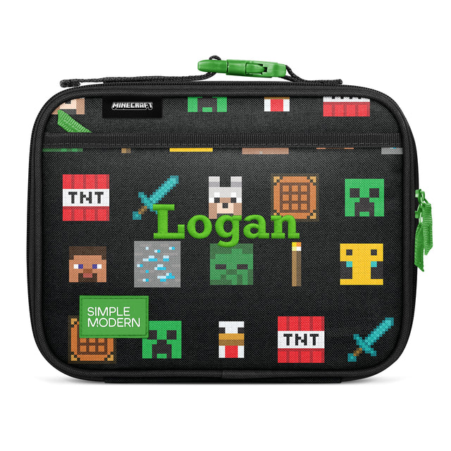 Charcoal gray Minecraft lunch box with bright green handle and zipper pull, personalized with 