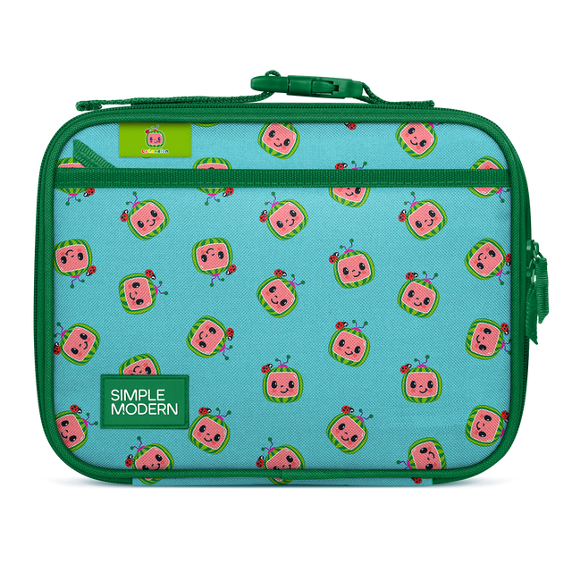 Turquoise lunch bag with forest green trim, border, and handles