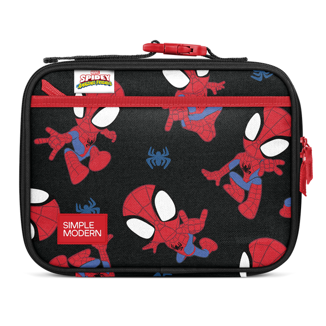 Black insulated lunch bag with red, white, and bright blue accents on straps and zipper details