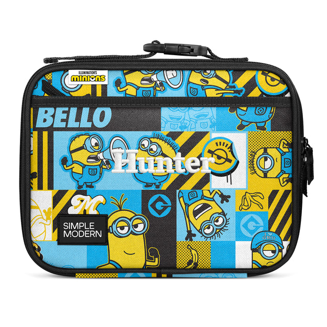 Yellow and cyan Minions carrying case with black zipper and handle. Features cartoon characters with large eyes, 