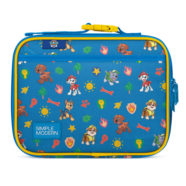 Bright blue Simple Modern insulated lunch box with Paw Patrol characters, yellow trim, and carry handle. Features cartoon puppies Chase, Marshall, and team members with decorative bones, paw shields, and tropical flowers on