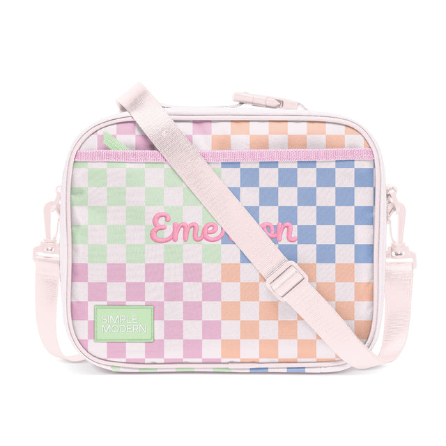 Pale pink insulated lunch bag with colorful checkered pattern, 