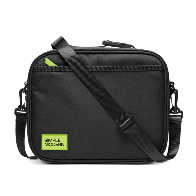 Black shoulder bag with neon yellow-green accent details and hardware