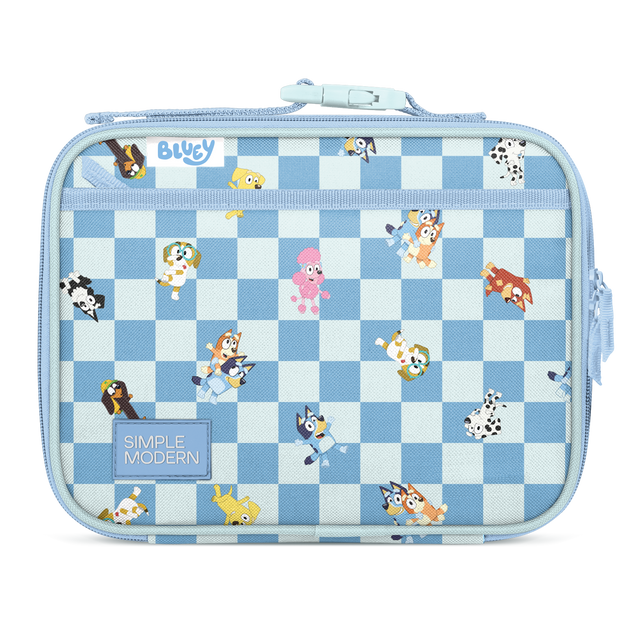 Light blue and cream checkerboard lunch bag with blue binding, zipper pull, and shoulder strap