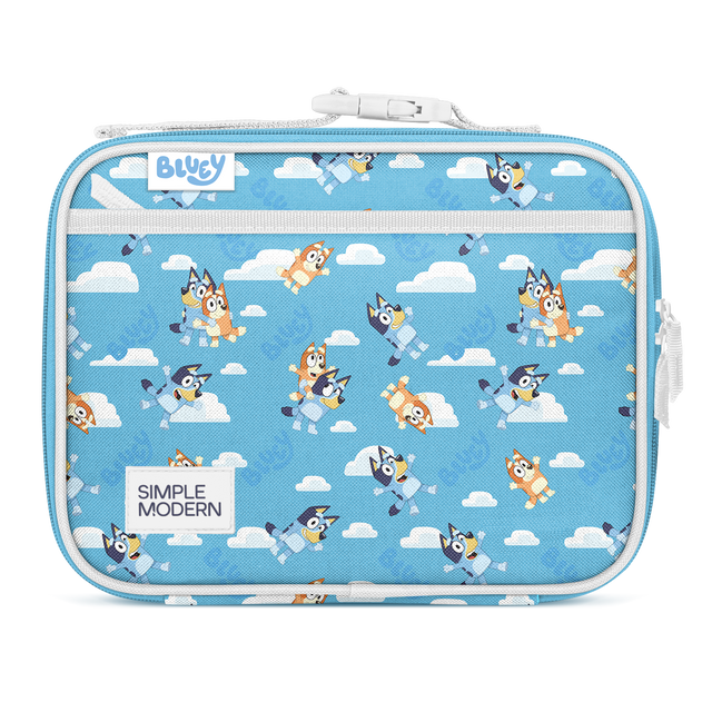 Sky blue lunch box with white clouds, zipper, handle, and trim details