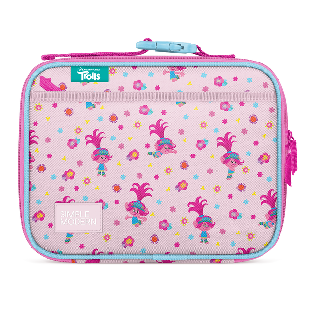 Pastel pink lunch box with magenta and turquoise trim and zipper pulls