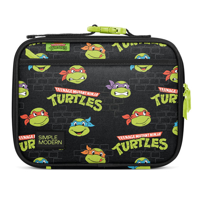 Black lunch box with vibrant lime green and neon yellow-green accents, featuring orange, red, blue, and purple details