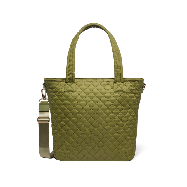 Olive-green quilted shoulder bag with brushed gold hardware, front view on white background