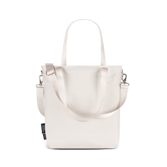 Light ivory linen tote bag on white background